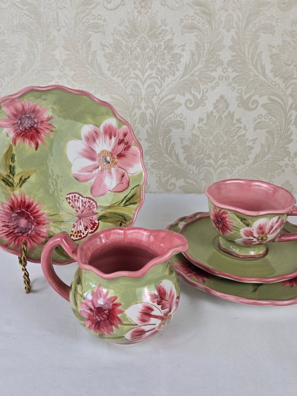 April Cornell Pink Flower Set 2 Snack Plates, Cup & Saucer, Creamer Contemporary